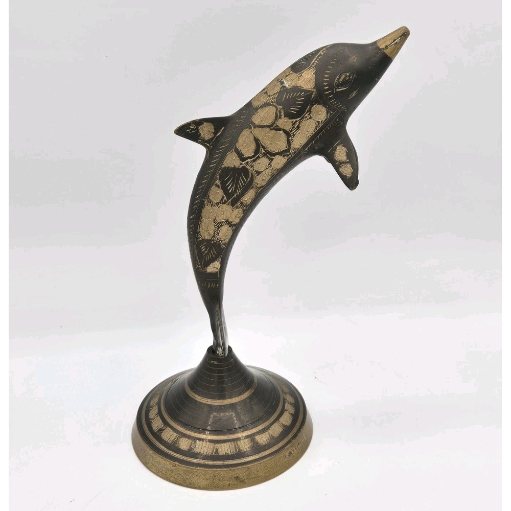 Brass Etched Dolphin Statue Vintage Figurine 8 Ounces